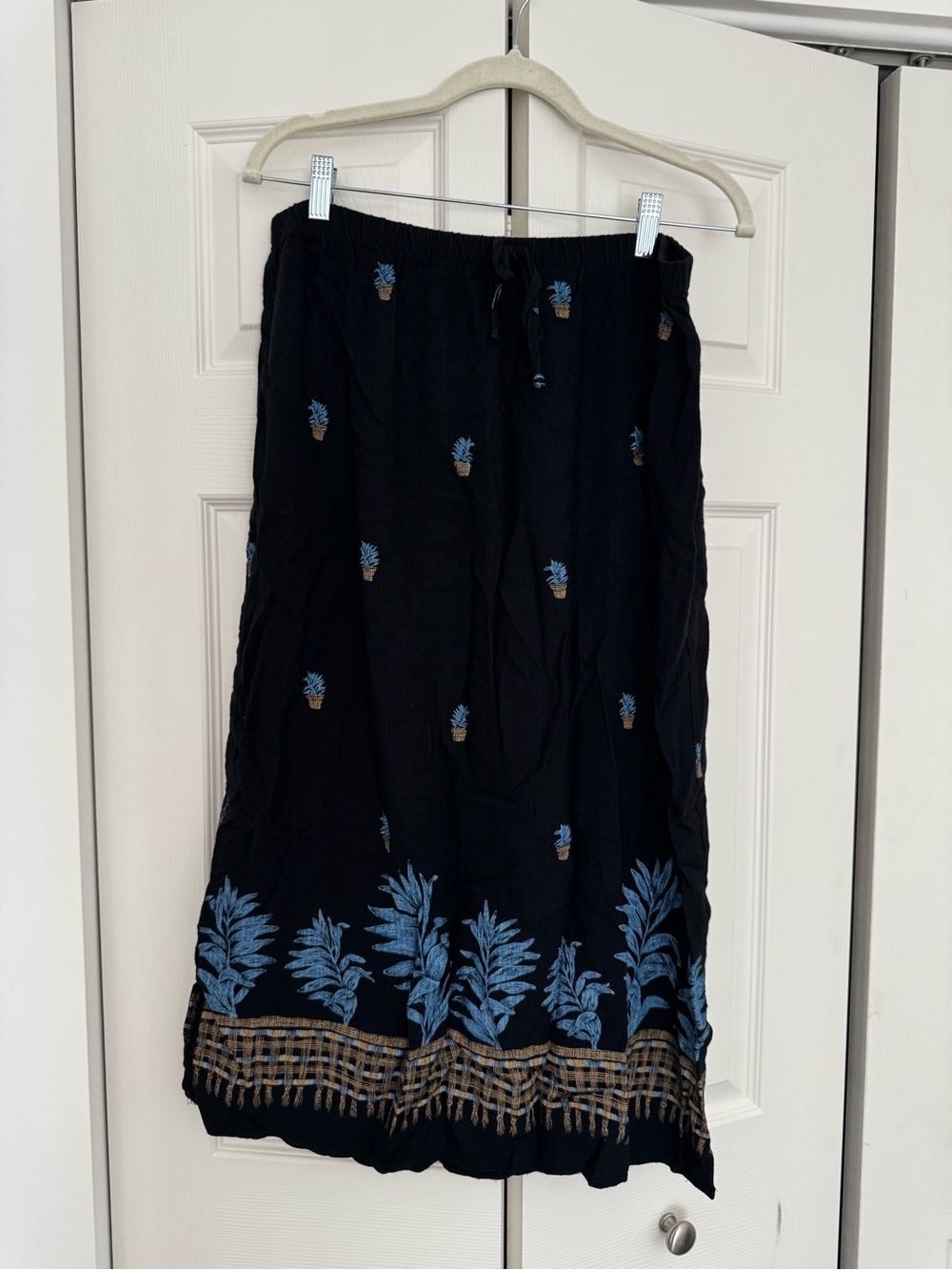 Black Maxi Skirt with Blue Leaf/Plant Accents